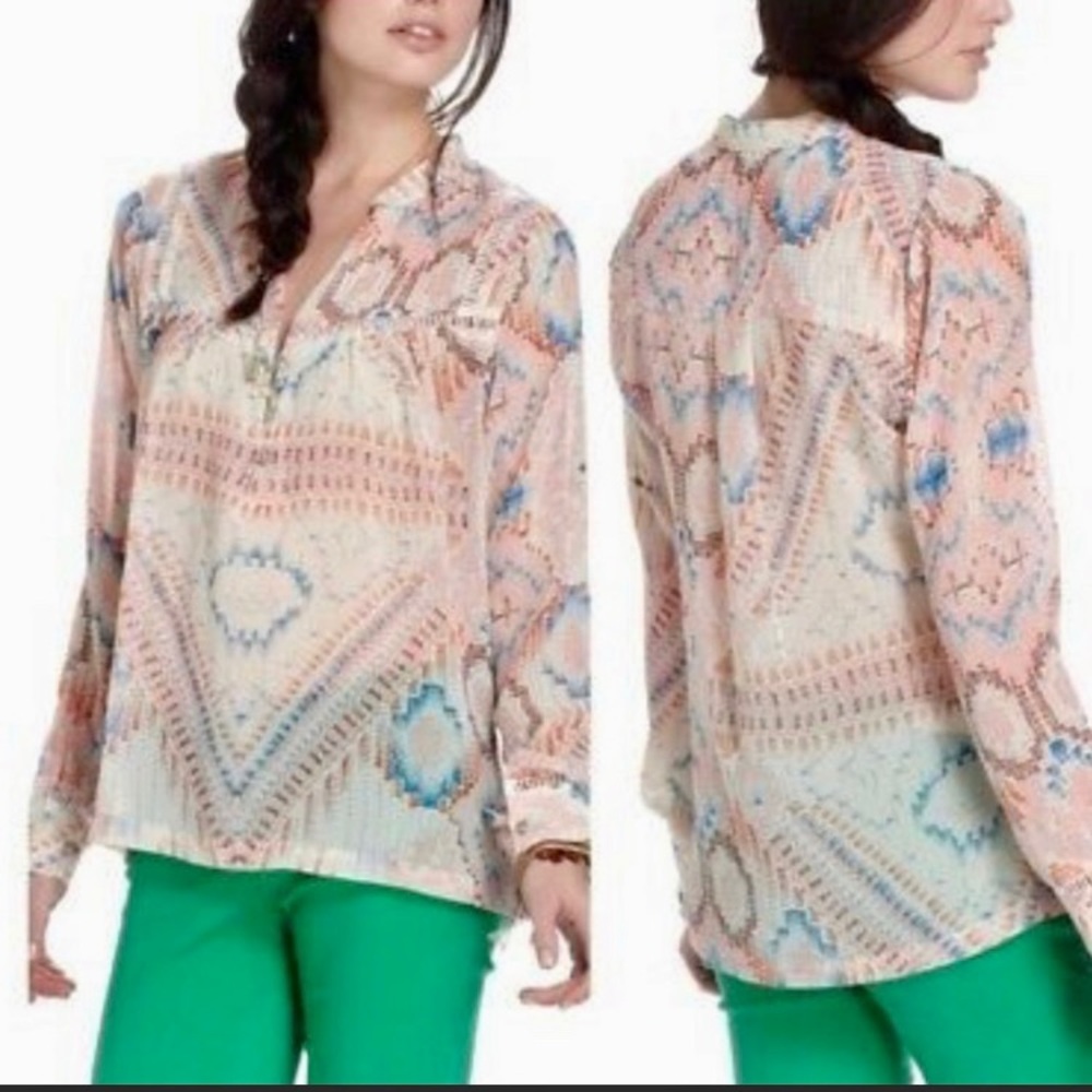 Aztec Boho Dolan Top ANTHROPOLOGIE blue pink